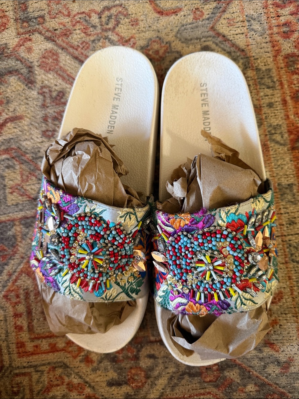 Steve Madden White Slide Sandals with Multicolor Beaded Embellishment